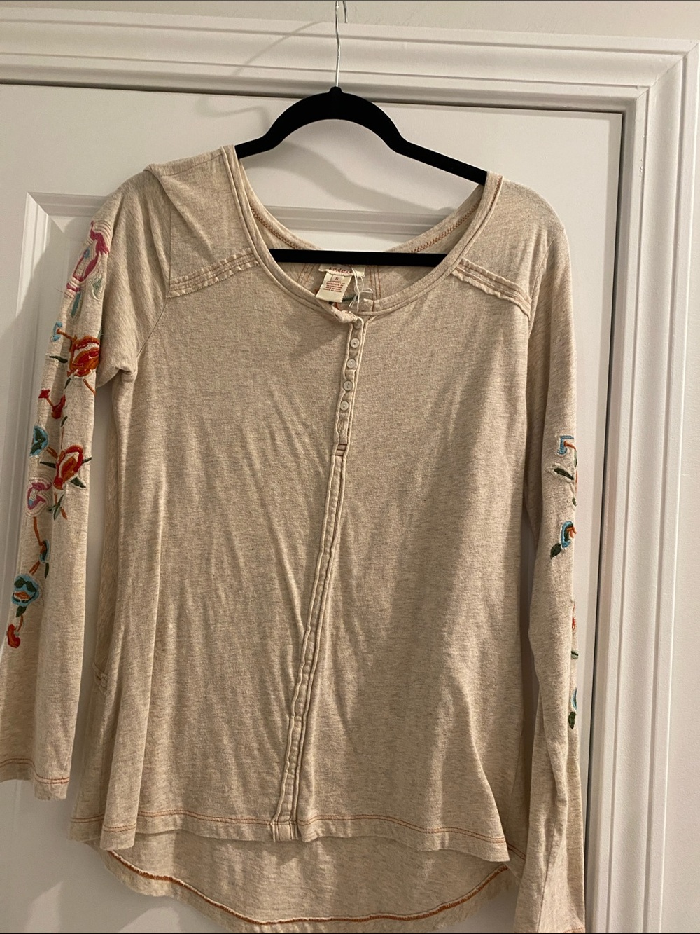 Sundance Cream Long-Sleeve Henley with Floral Embroidered Sleeves